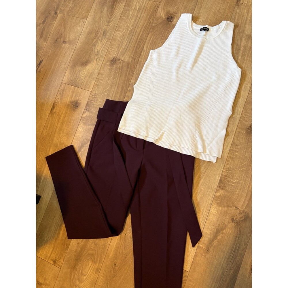 Express White Ribbed Tank with New York & Company Burgundy High-Waist Trousers